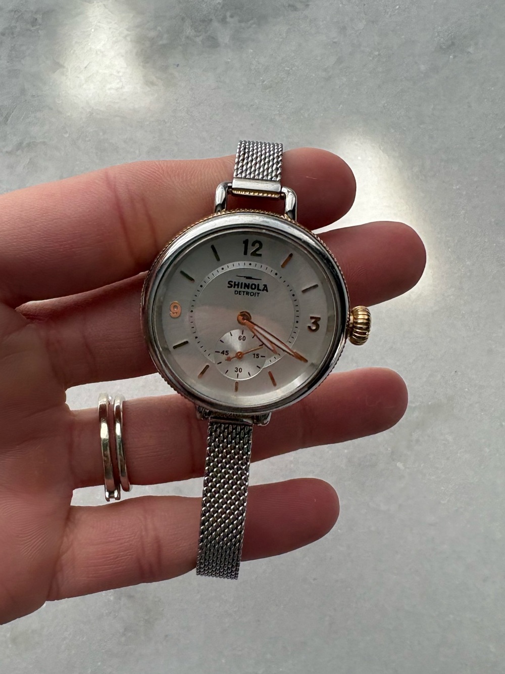 Shinola Silver Mesh Watch with Rose Gold Accents